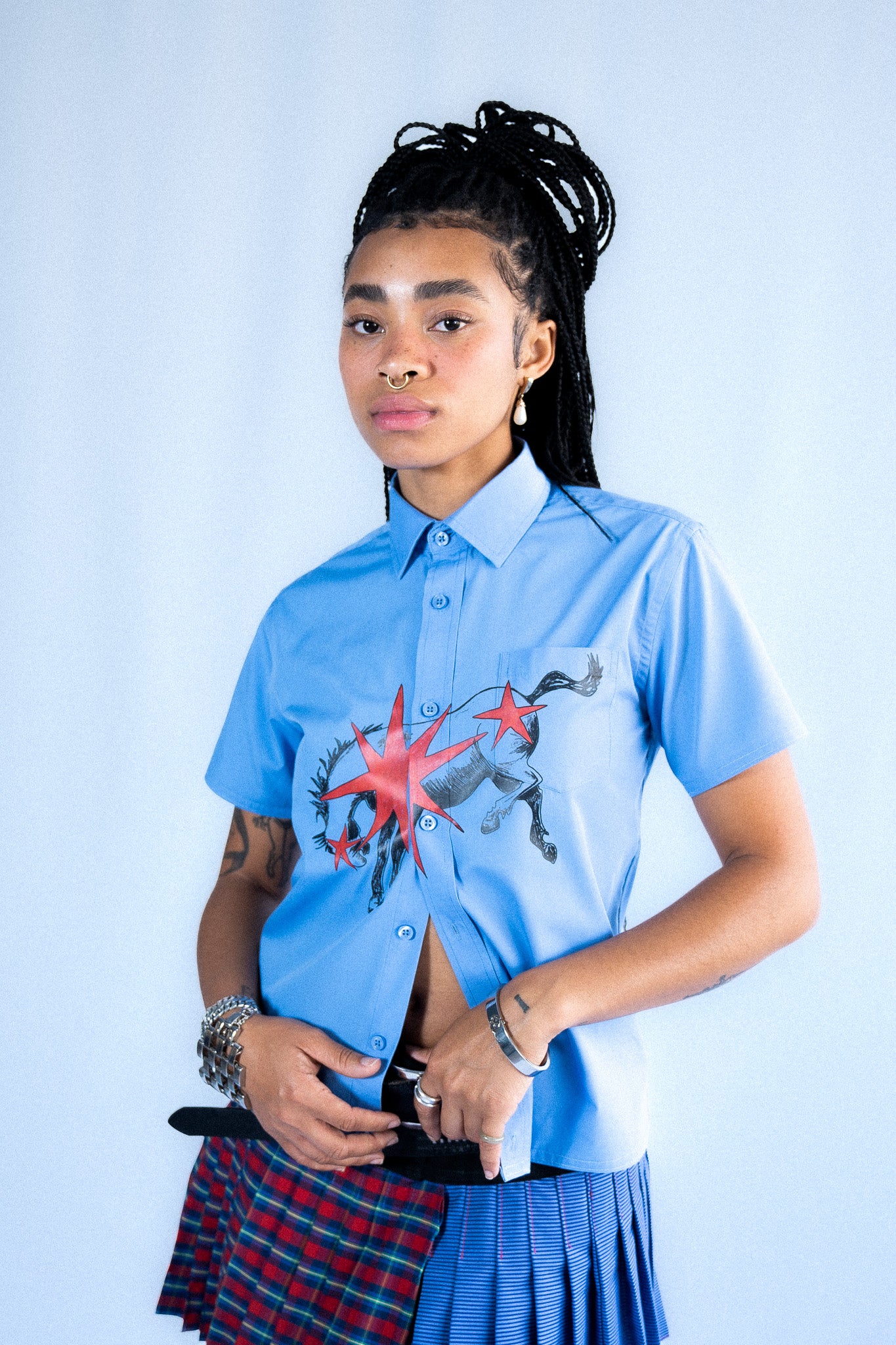 BLUE BOX-FIT PONY RE-WORK SHIRT